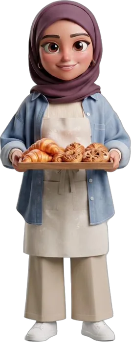 Huda, bakery owner, with a tray of croissants