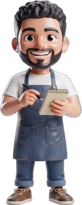 Karim, café owner, with a notepad